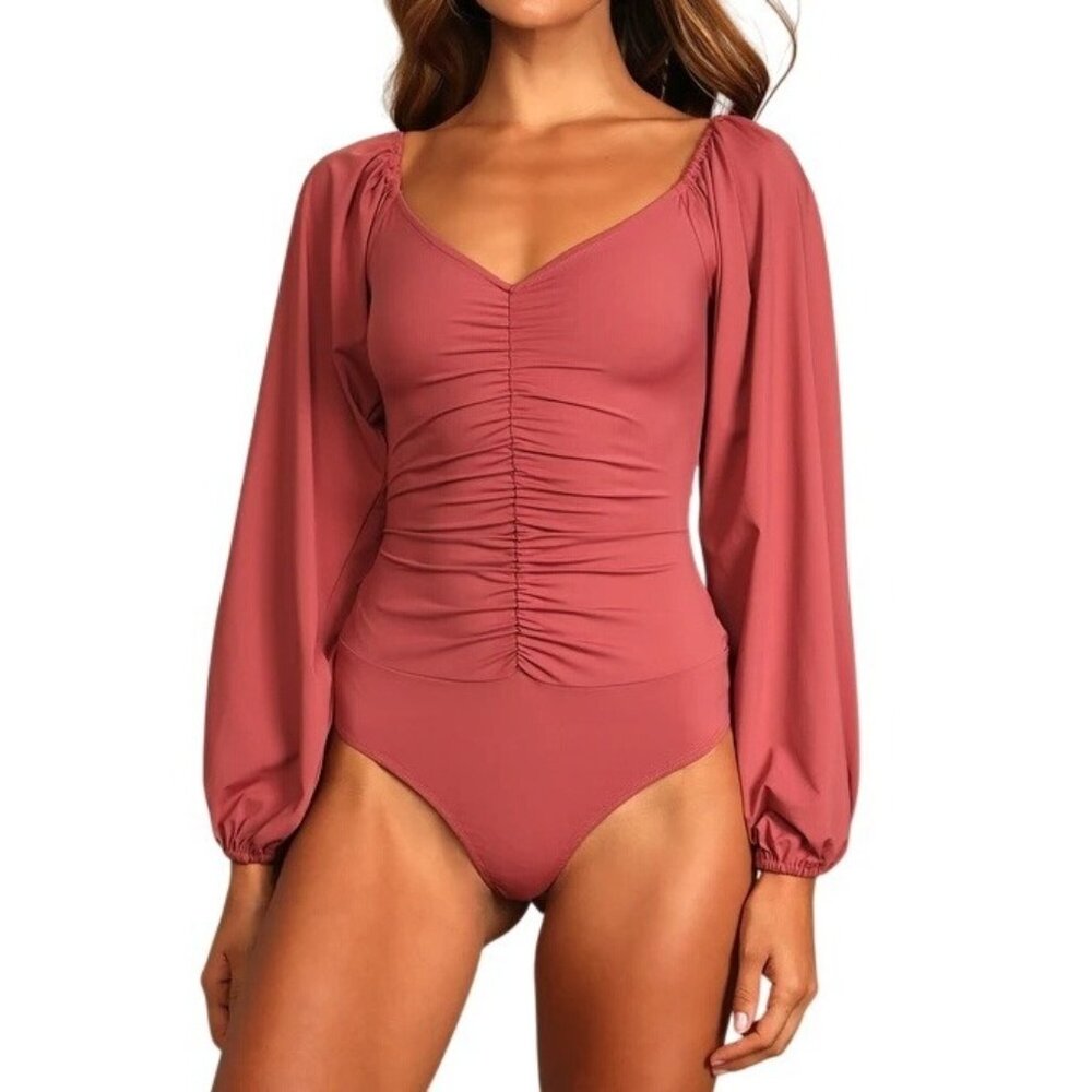 Lulus Certified Flirt Rusty Rose Ruched Long Sleeve Thong Bodysuit Size Small